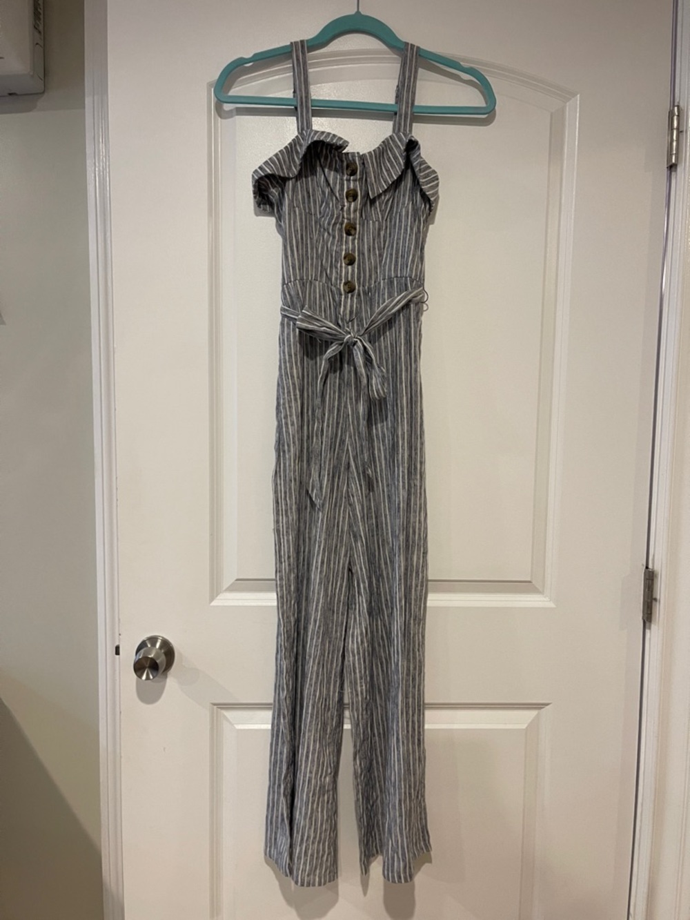 American Eagle Outfitters Striped Off-Shoulder Jumpsuit in Gray and White
